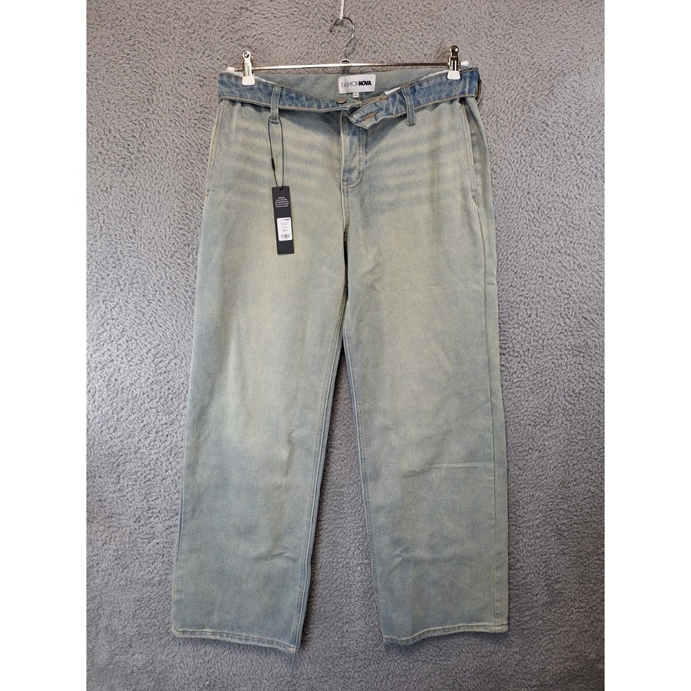 Fashion Nova Jeans Womens 9 (Fits‎ 34x32) Blue Frankie Foldover Tinted Wide Leg